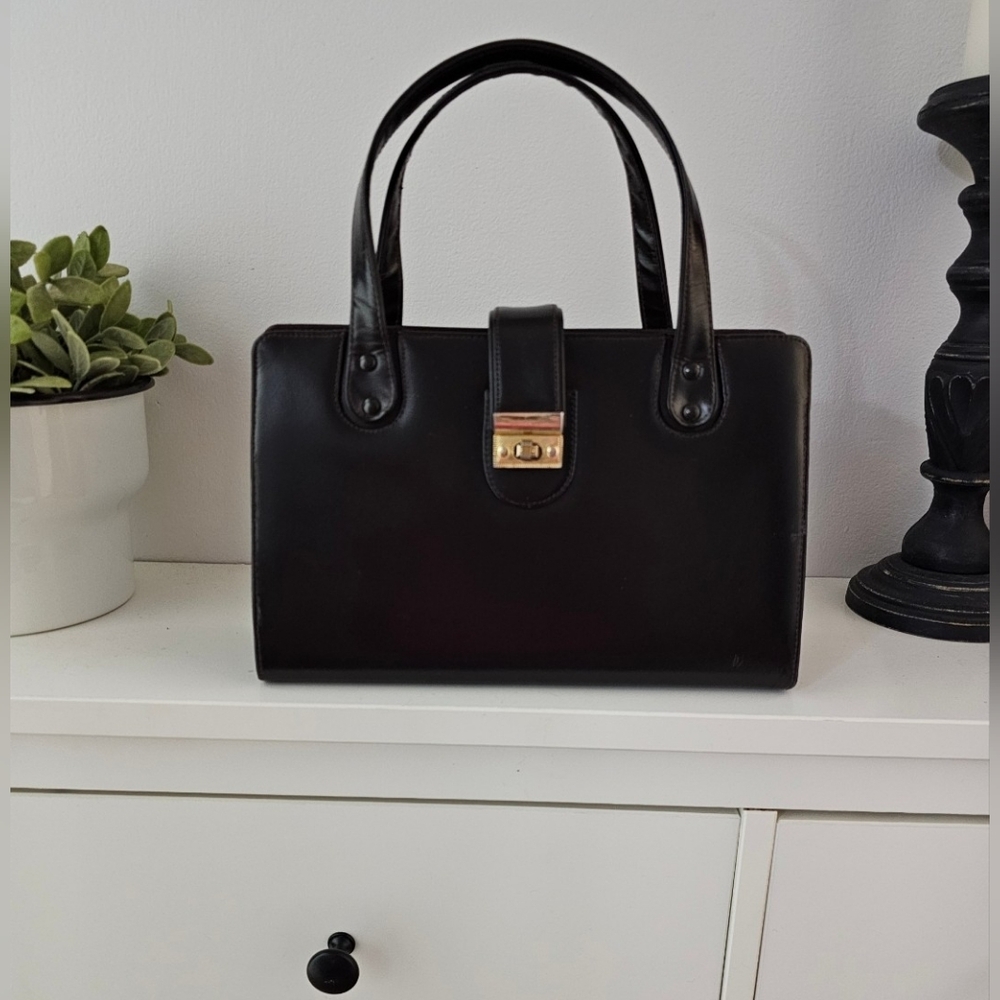 Vintage 50's-60's Style Retro Structured Dark Brown Leather Turn Lock Handbag